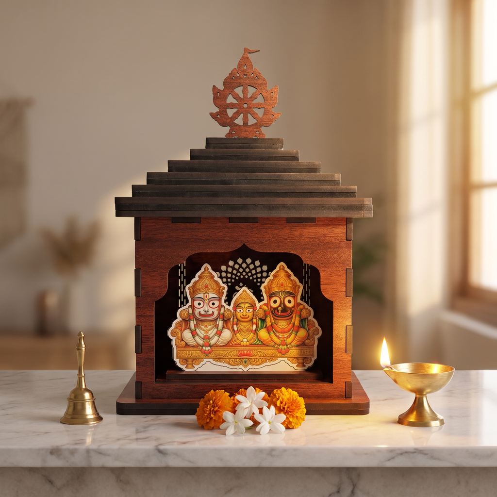 Shree Jagannath Mini Wooden Temple – Handcrafted Home Mandir