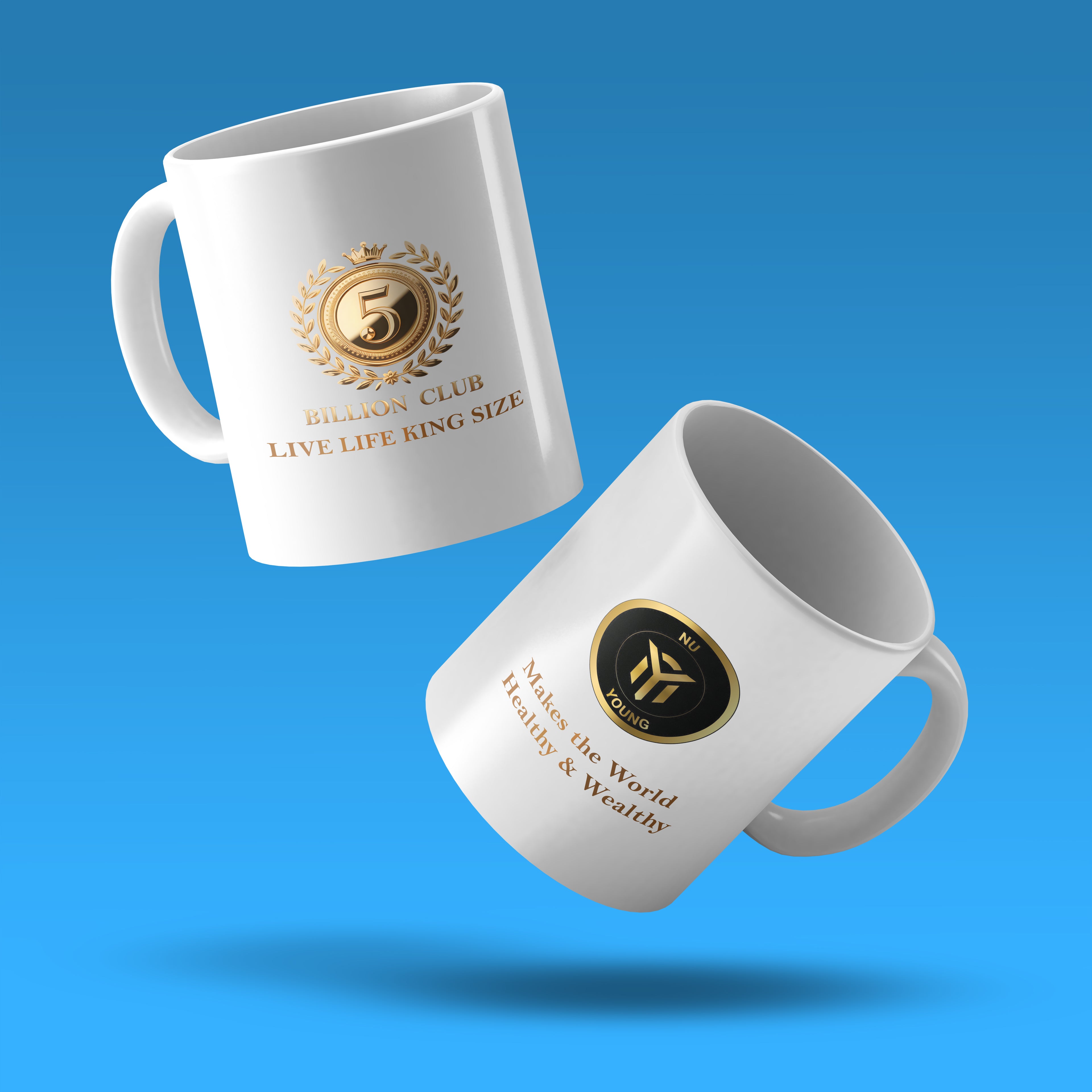 Two 11 oz white ceramic mugs float on a blue background. One shows a gold 5 Billion Club emblem with custom printing; the other features a black and gold "Make the World Healthy & Wealthy" logo—a perfect Custom Printed Coffee Mug pair.