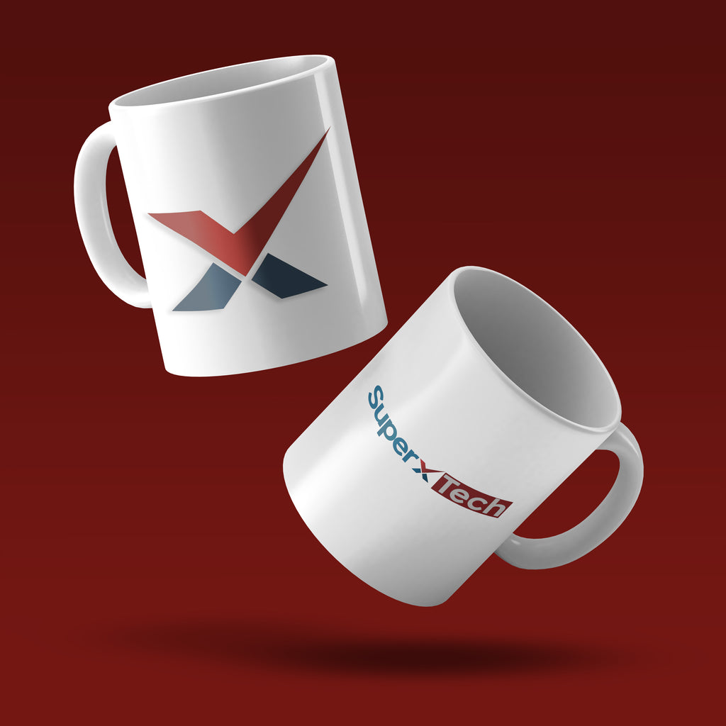 Two Custom Printed Coffee Mugs (11 oz, white ceramic) float against a dark red background—one with a stylized X logo, the other with "SuperXTech" and a red boxed X—ideal for personal or promotional use.