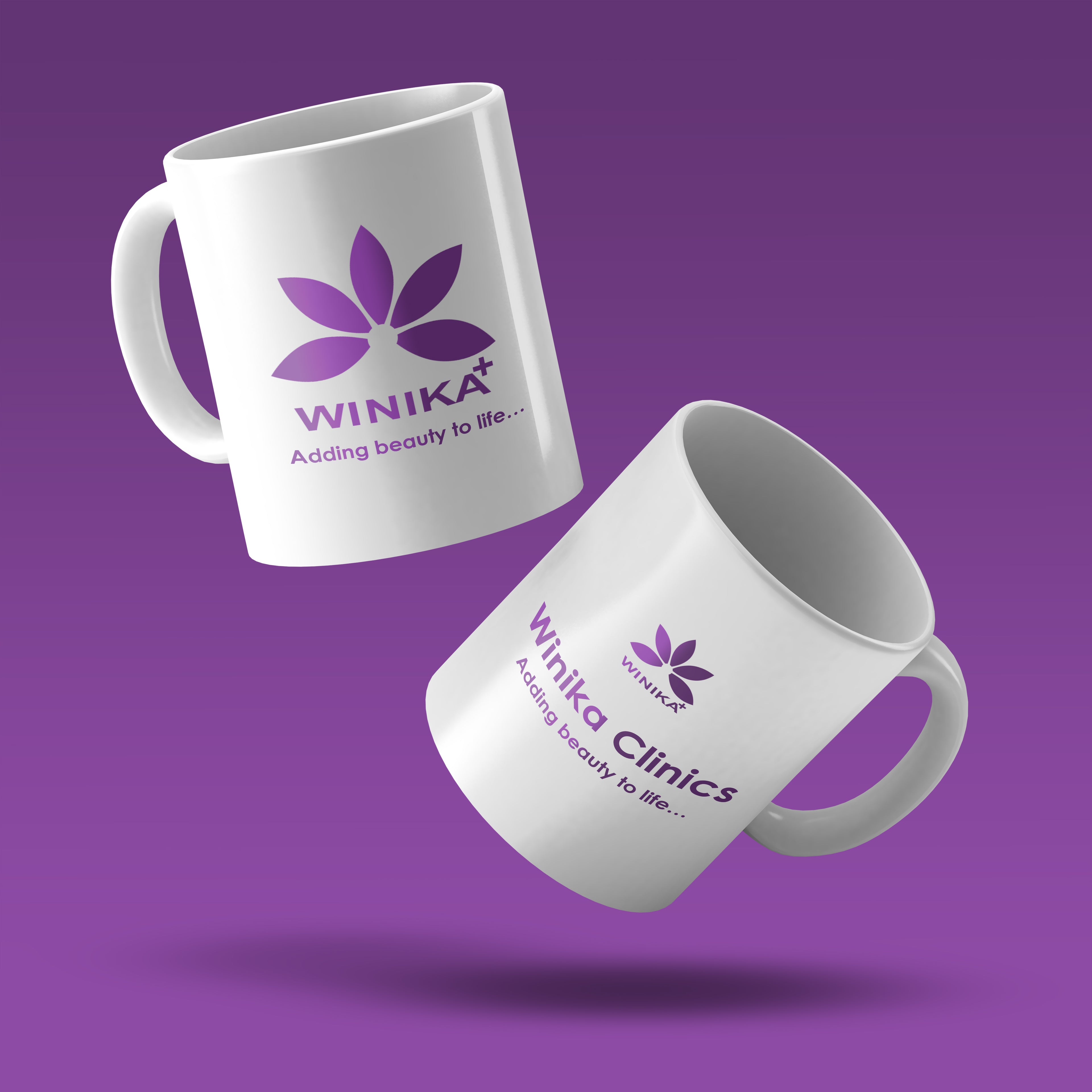 Two Custom Printed Coffee Mugs (11 oz, white ceramic) with purple WINIKA logos and the slogan "Adding beauty to life..." float on a purple gradient. One personalized mug includes "Winika Clinics," showing stylish custom printing options.