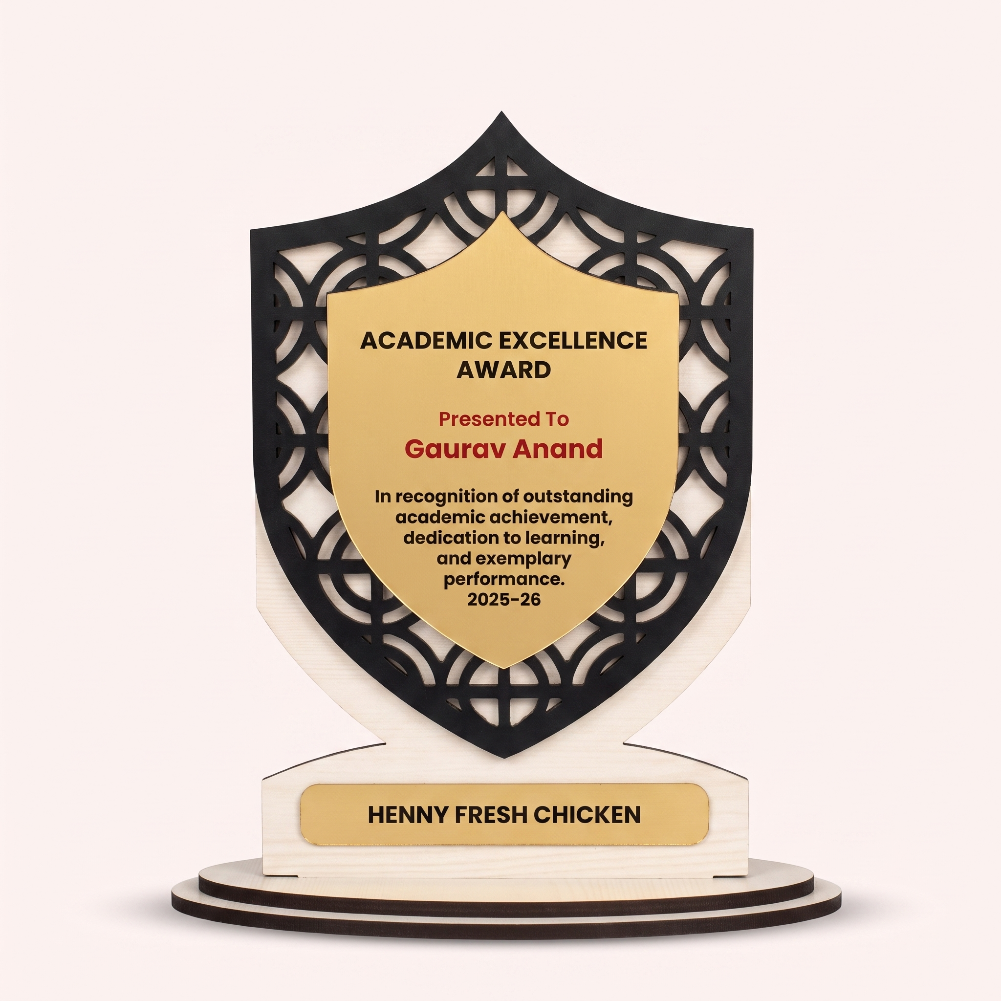 Custom Shield Trophy – Laser-Cut Academic Excellence Award