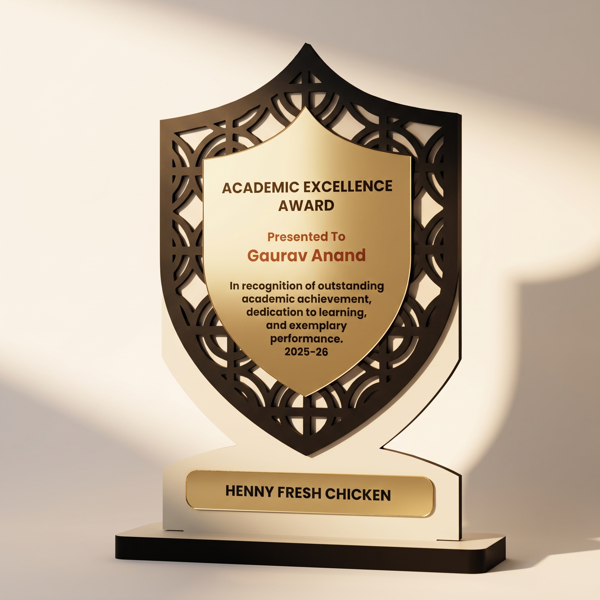 Custom Shield Trophy – Laser-Cut Academic Excellence Award