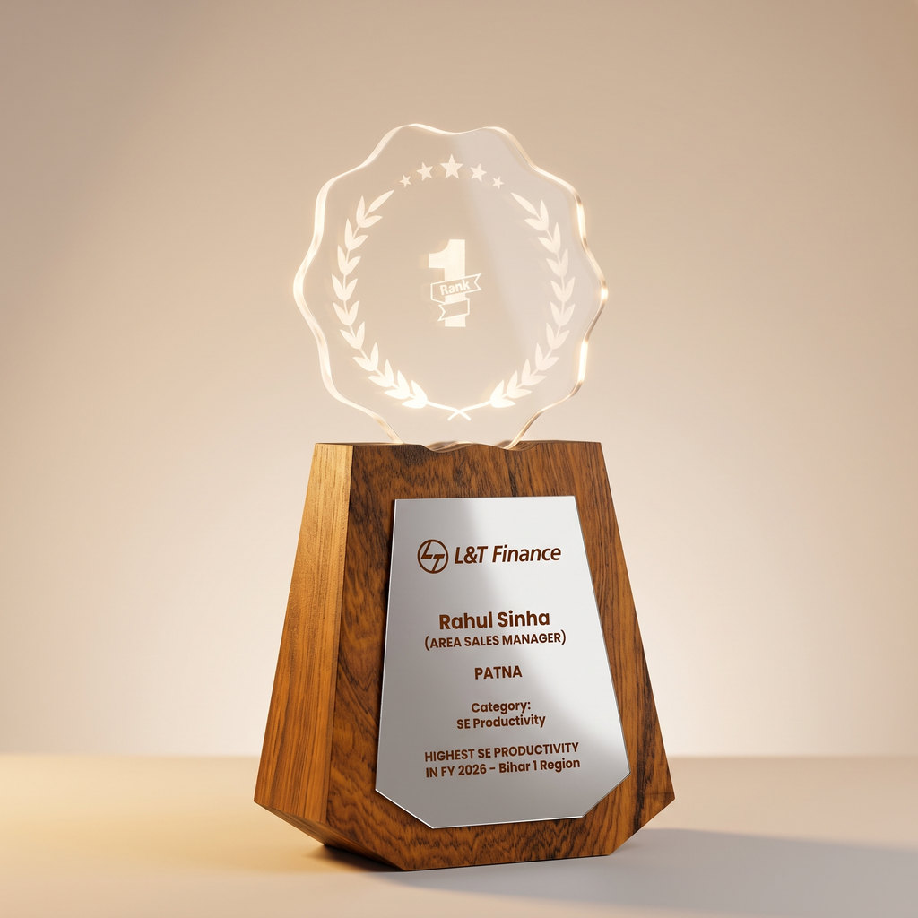 Custom Etched Acrylic & Wood Sales Recognition Trophy