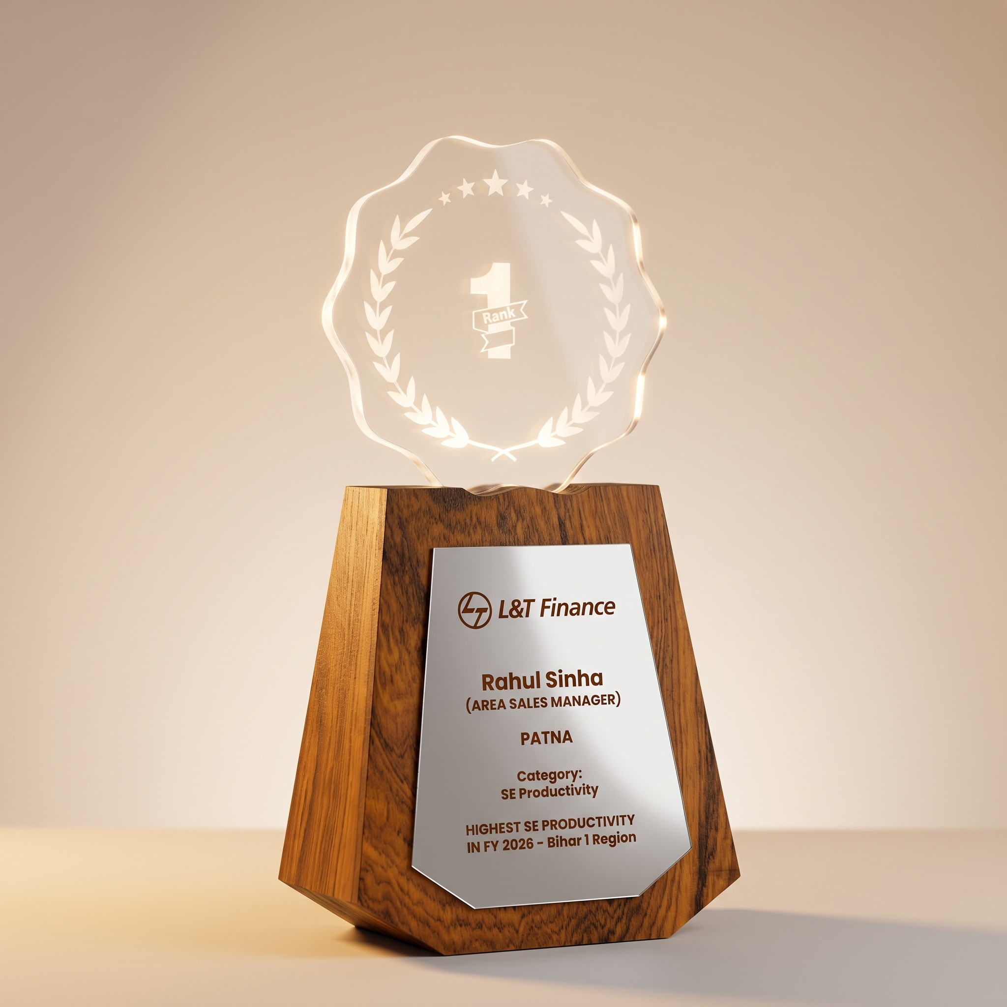 Custom Etched Acrylic & Wood Sales Recognition Trophy