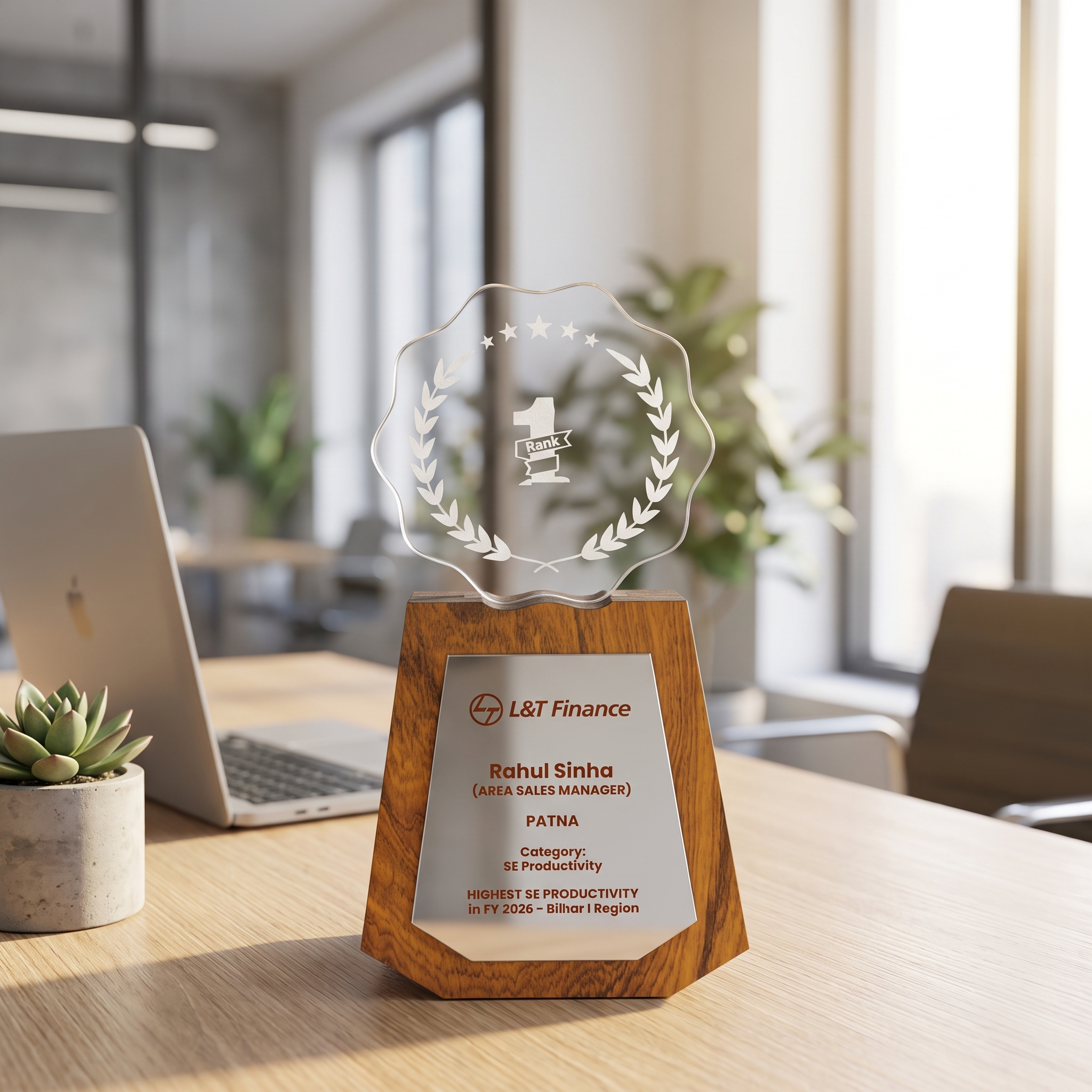 Custom Etched Acrylic & Wood Sales Recognition Trophy