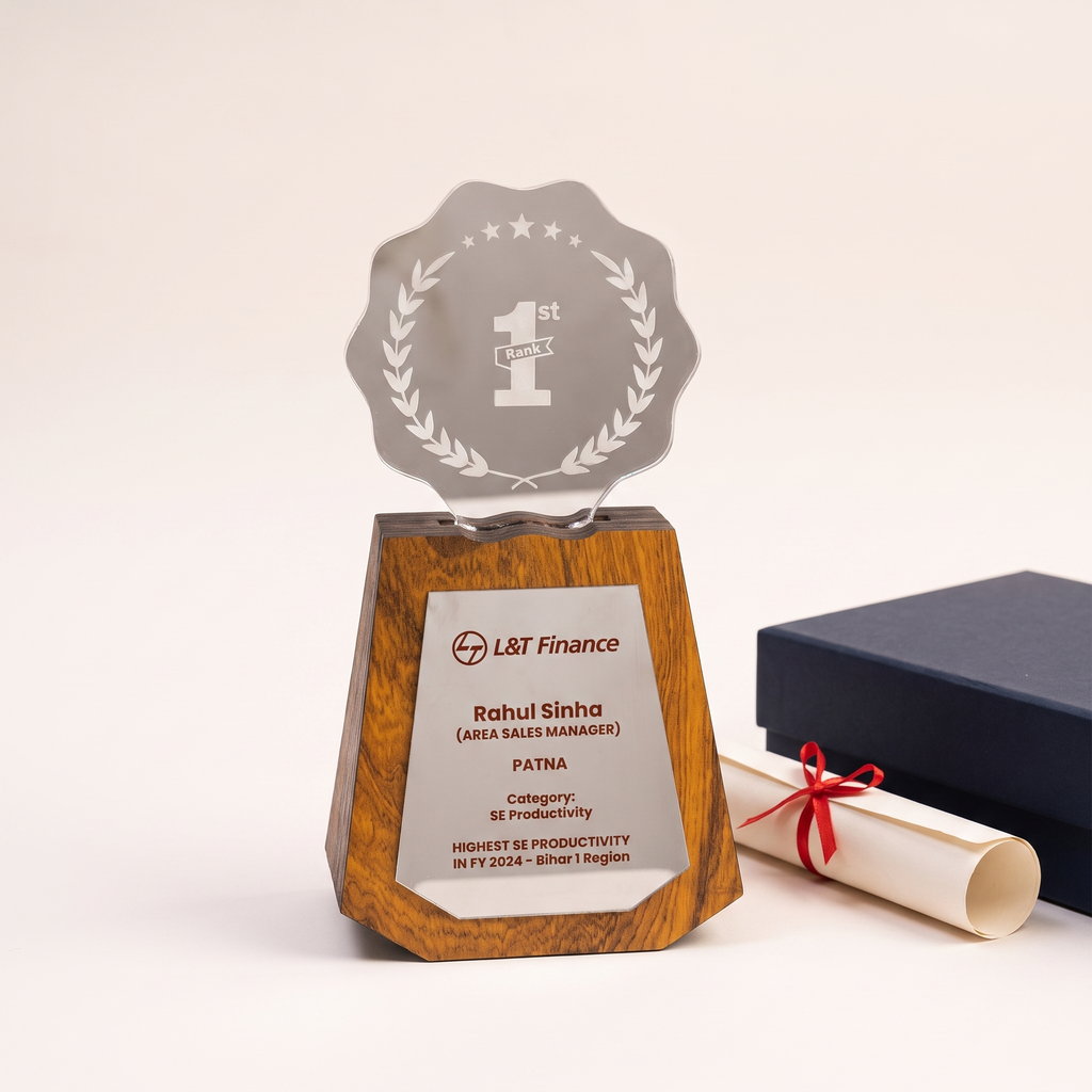 Custom Etched Acrylic & Wood Sales Recognition Trophy