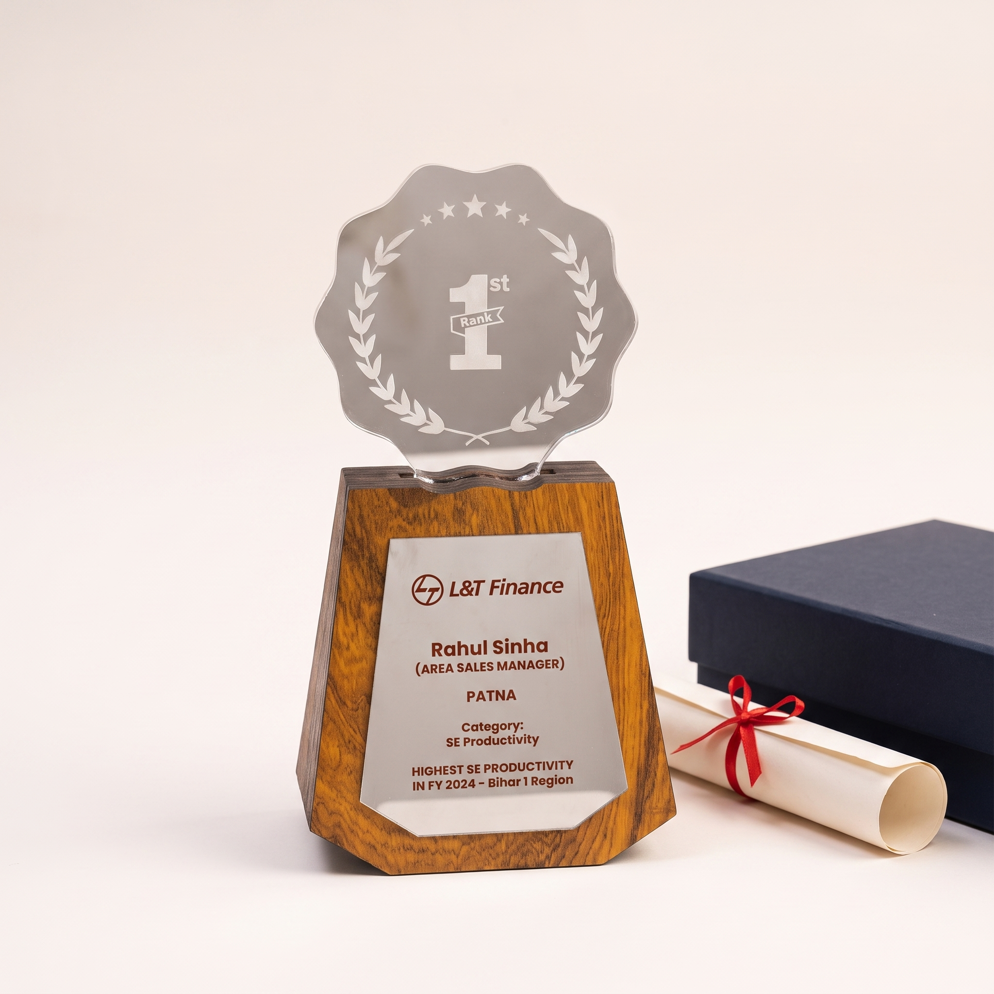Custom Etched Acrylic & Wood Sales Recognition Trophy