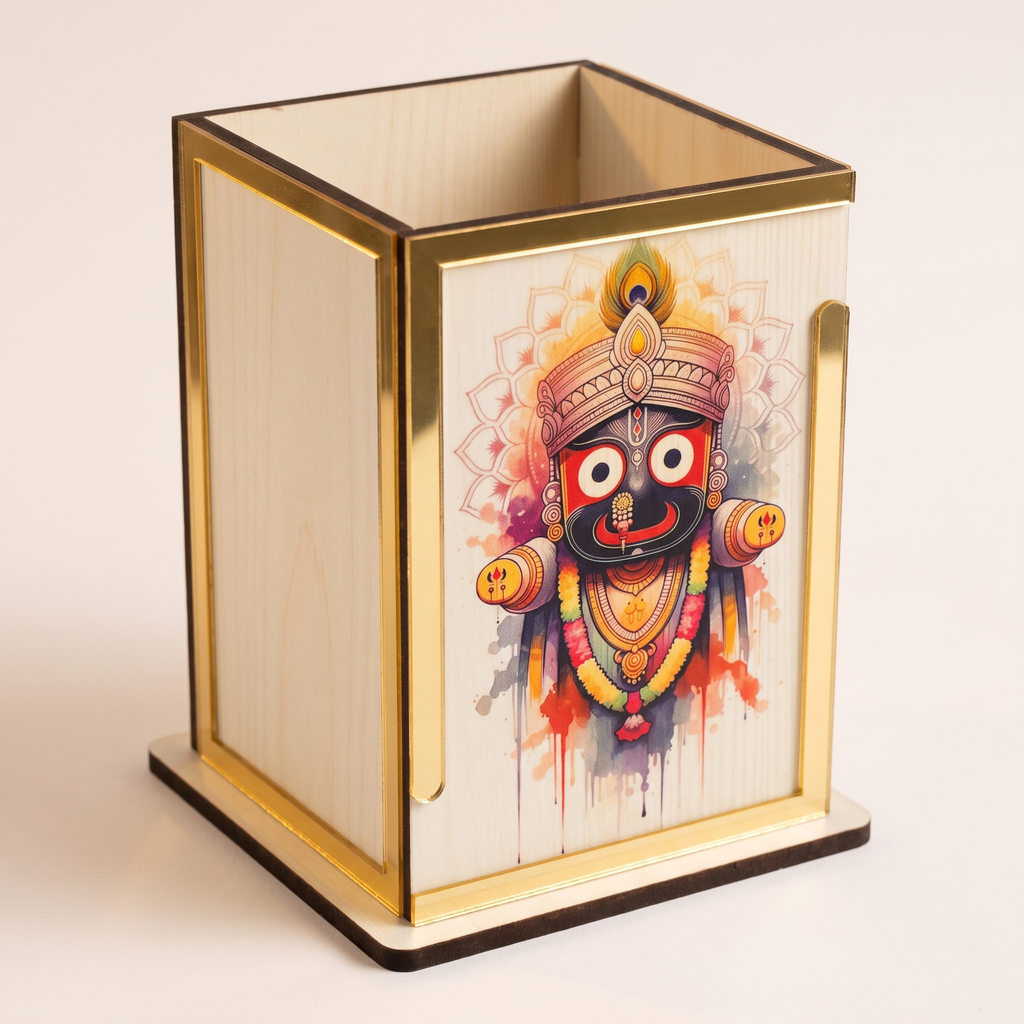Jagannath Wooden Pen Stand – Watercolor Art with Gold Trim