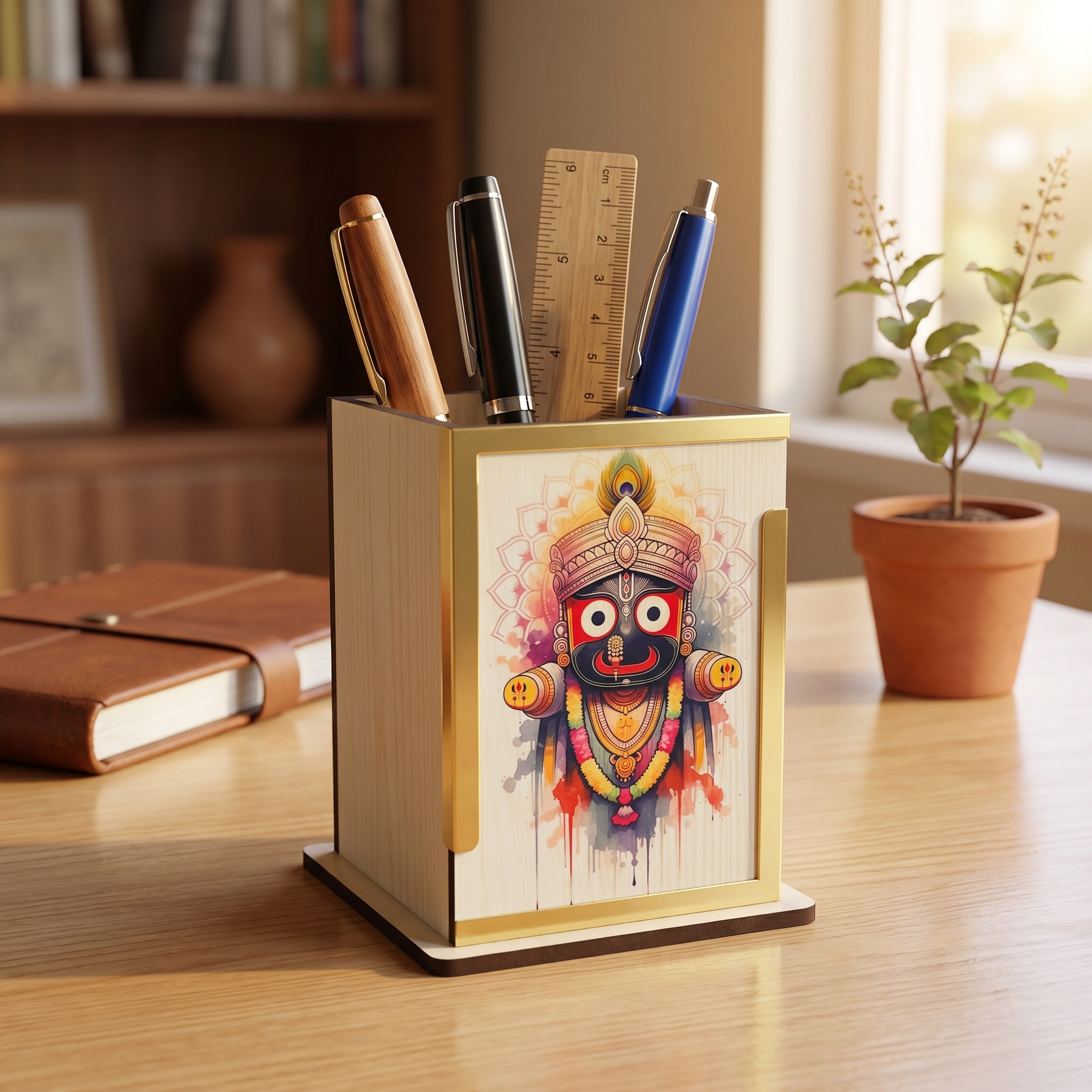 Jagannath Wooden Pen Stand – Watercolor Art with Gold Trim