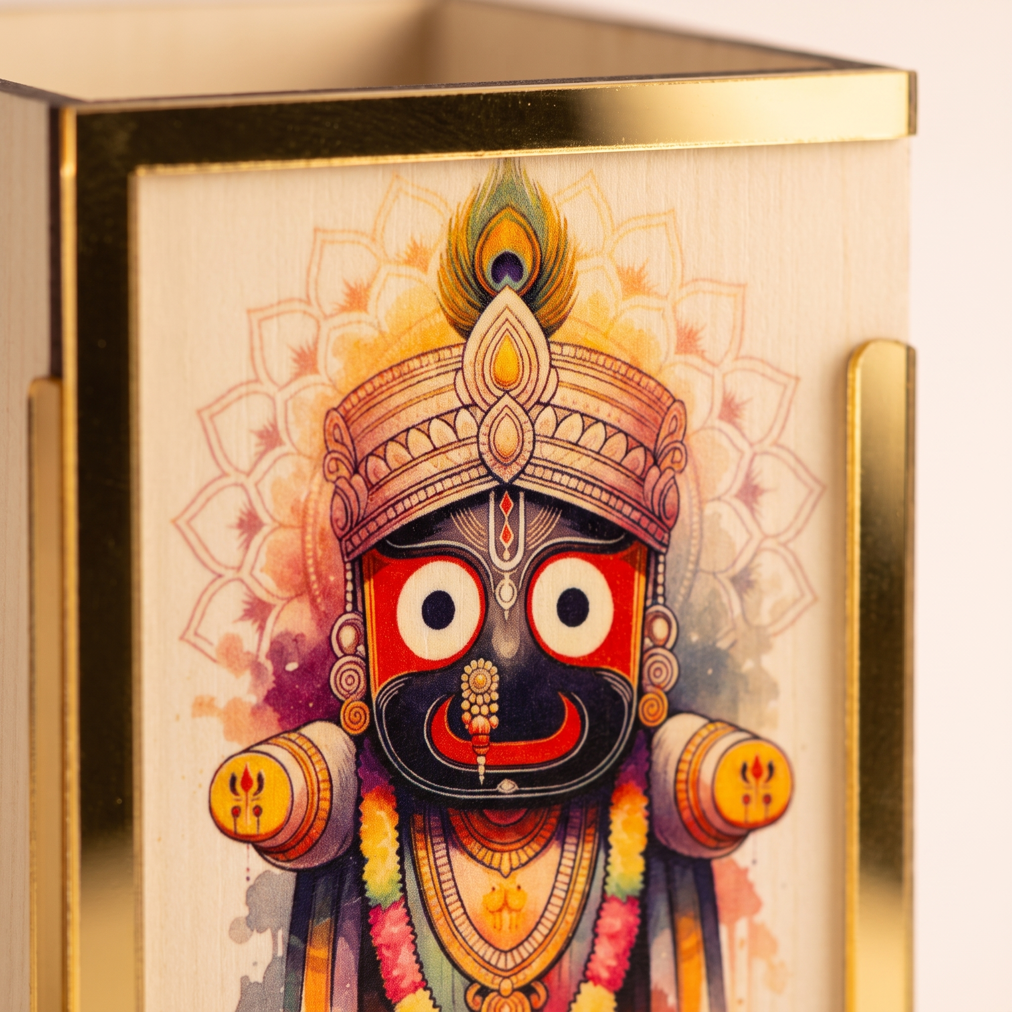 Jagannath Wooden Pen Stand – Watercolor Art with Gold Trim