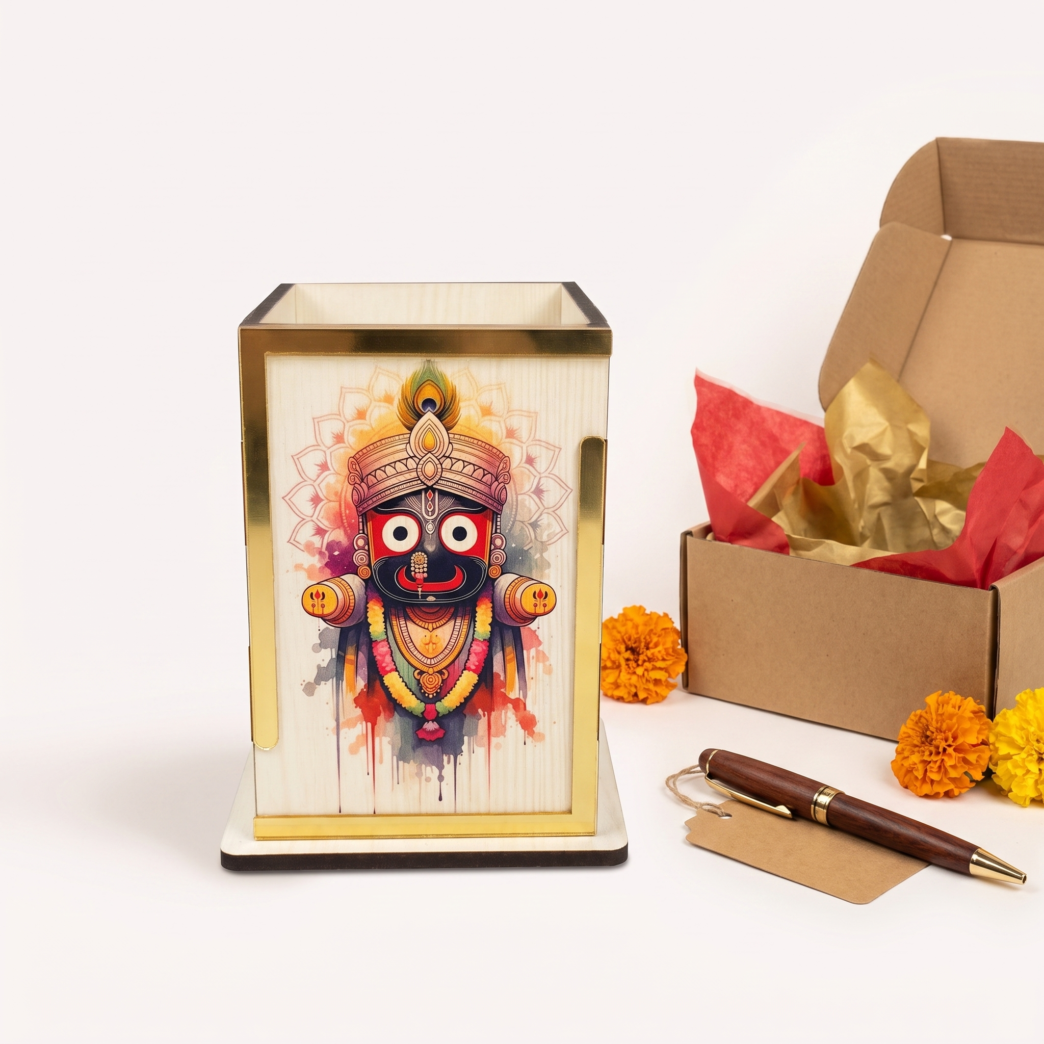 Jagannath Wooden Pen Stand – Watercolor Art with Gold Trim
